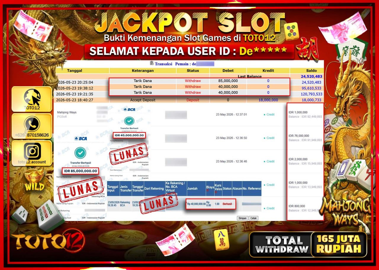 HANYA DI TOTO12 JP PASTI DI BAYAR LUNAS DAN CEPAT!!!!!! JACKPOT SLOT GAME (MAHJONG WAYS) Rp165.000.000!!!!