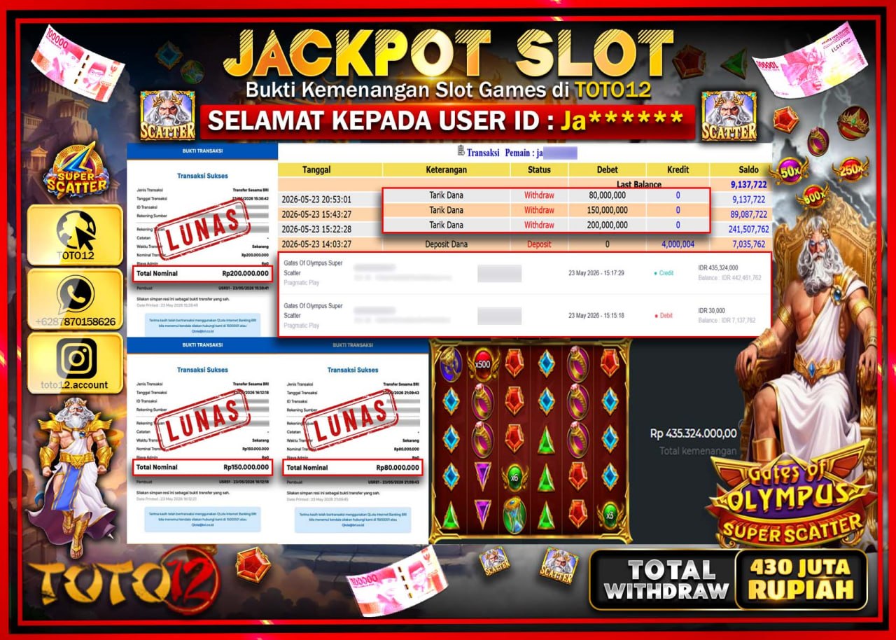 HANYA DI TOTO12 JP PASTI DI BAYAR LUNAS DAN CEPAT!!!!!! JACKPOT SLOT GAME (GATES OF OLYMPUS SUPER SCATTER) Rp430.000.000!!!!