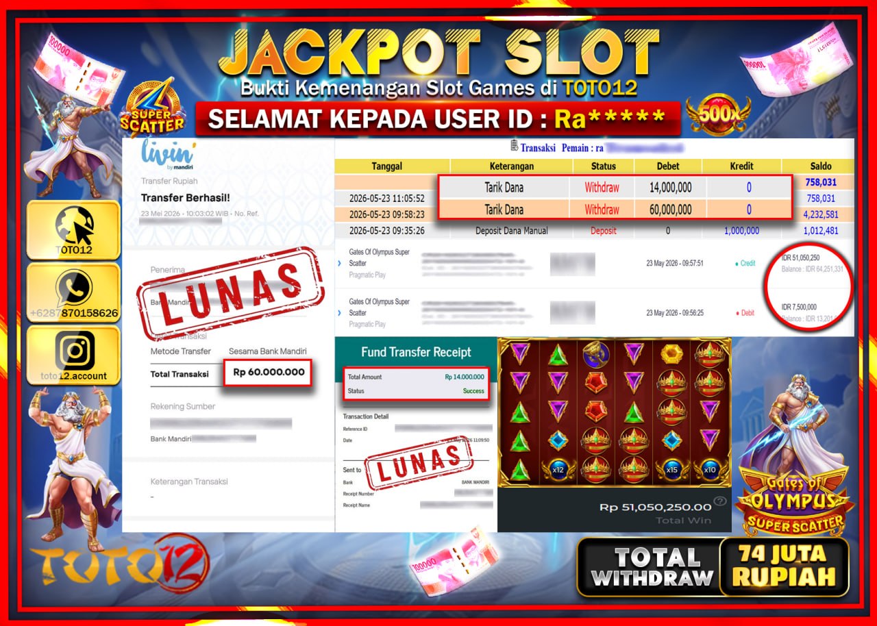 HANYA DI TOTO12 JP PASTI DI BAYAR LUNAS DAN CEPAT!!!!!! JACKPOT SLOT GAME (GATES OF OLYMPUS SUPER SCATTER) Rp74.000.000!!!!