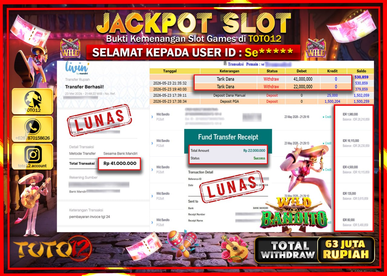 HANYA DI TOTO12 JP PASTI DI BAYAR LUNAS DAN CEPAT!!!!!! JACKPOT SLOT GAME (WILD BANDITO) Rp63.000.000!!!!