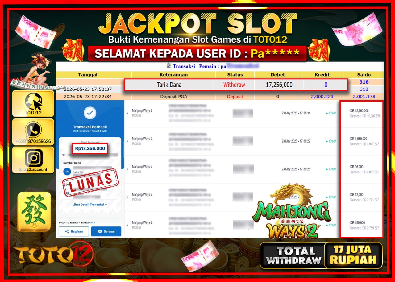 HANYA DI TOTO12 JP PASTI DI BAYAR LUNAS DAN CEPAT!!!!!! JACKPOT SLOT GAME (MAHJONG WAYS 2) Rp17.256.000!!!!
