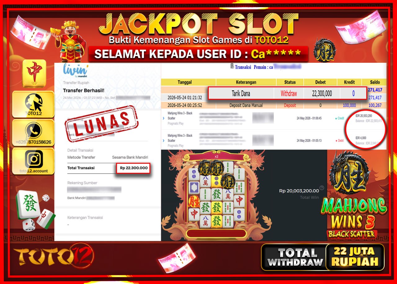 HANYA DI TOTO12 JP PASTI DI BAYAR LUNAS DAN CEPAT!!!!!! JACKPOT SLOT GAME (MAHJONG WINS 3 BLACK SCATTER) Rp22.300.000!!!!