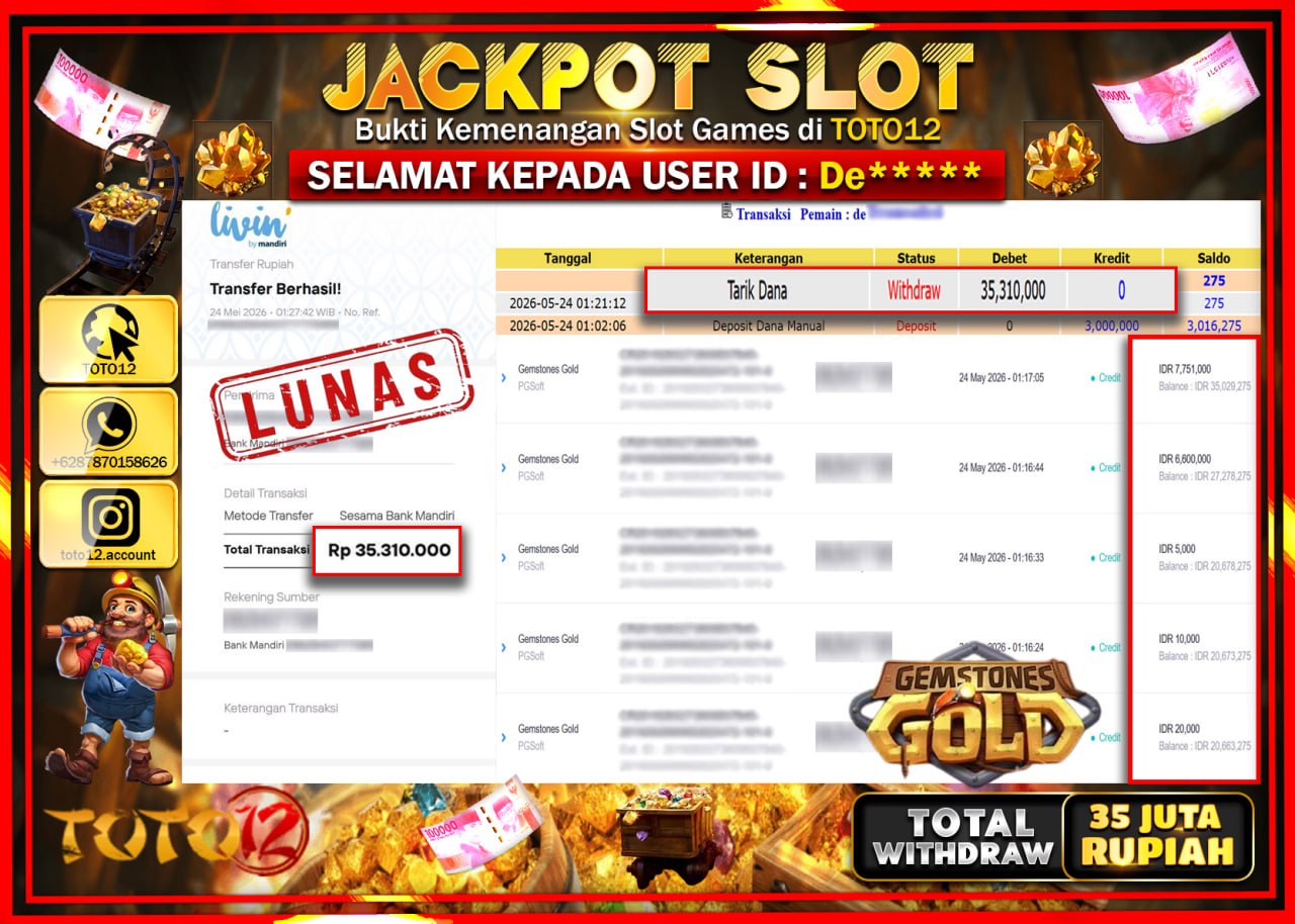 HANYA DI TOTO12 JP PASTI DI BAYAR LUNAS DAN CEPAT!!!!!! JACKPOT SLOT GAME (GEMSTONES GOLD) Rp35.310.000!!!!