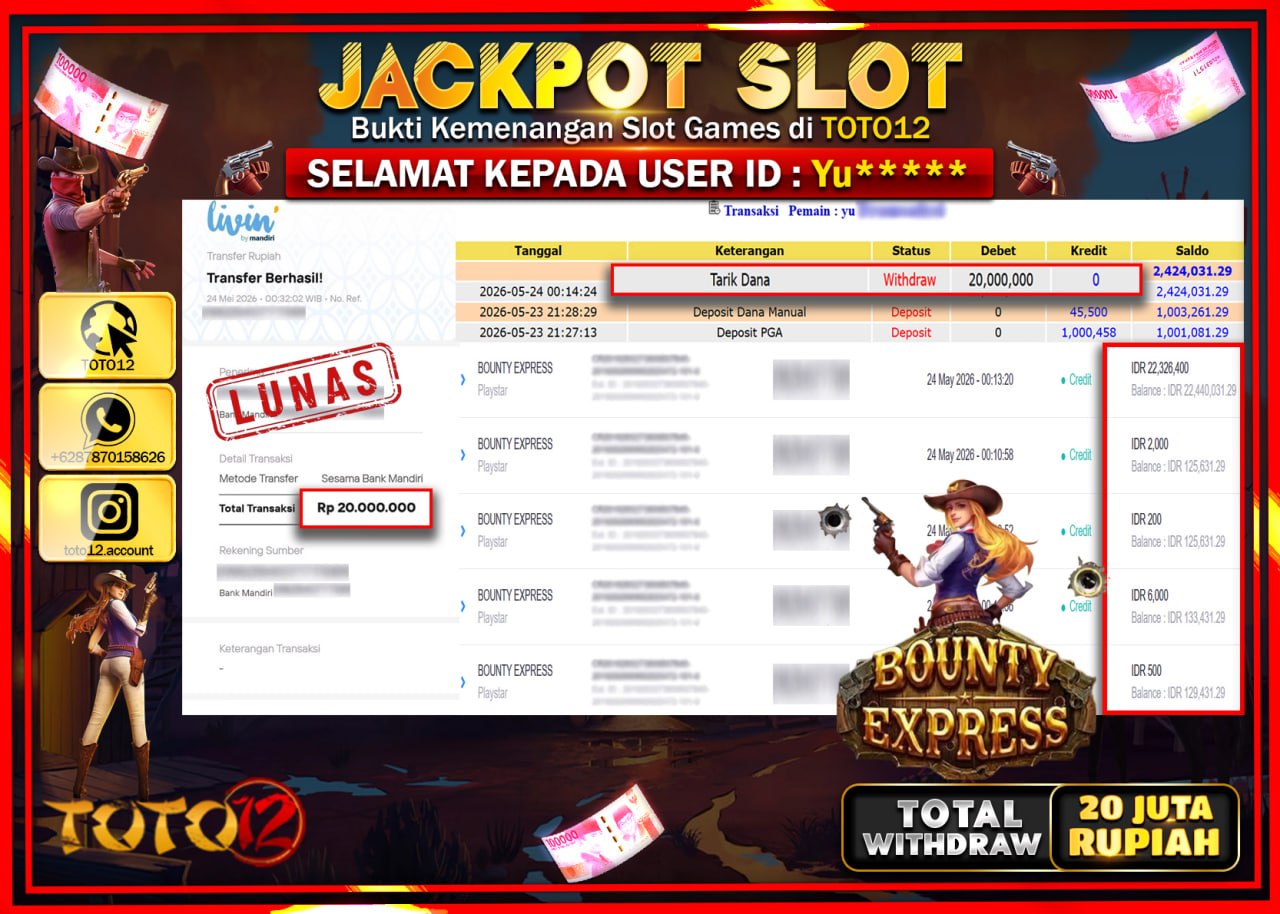 HANYA DI TOTO12 JP PASTI DI BAYAR LUNAS DAN CEPAT!!!!!! JACKPOT SLOT GAME (BOUNTY EXPRESS) Rp20.000.000!!!!