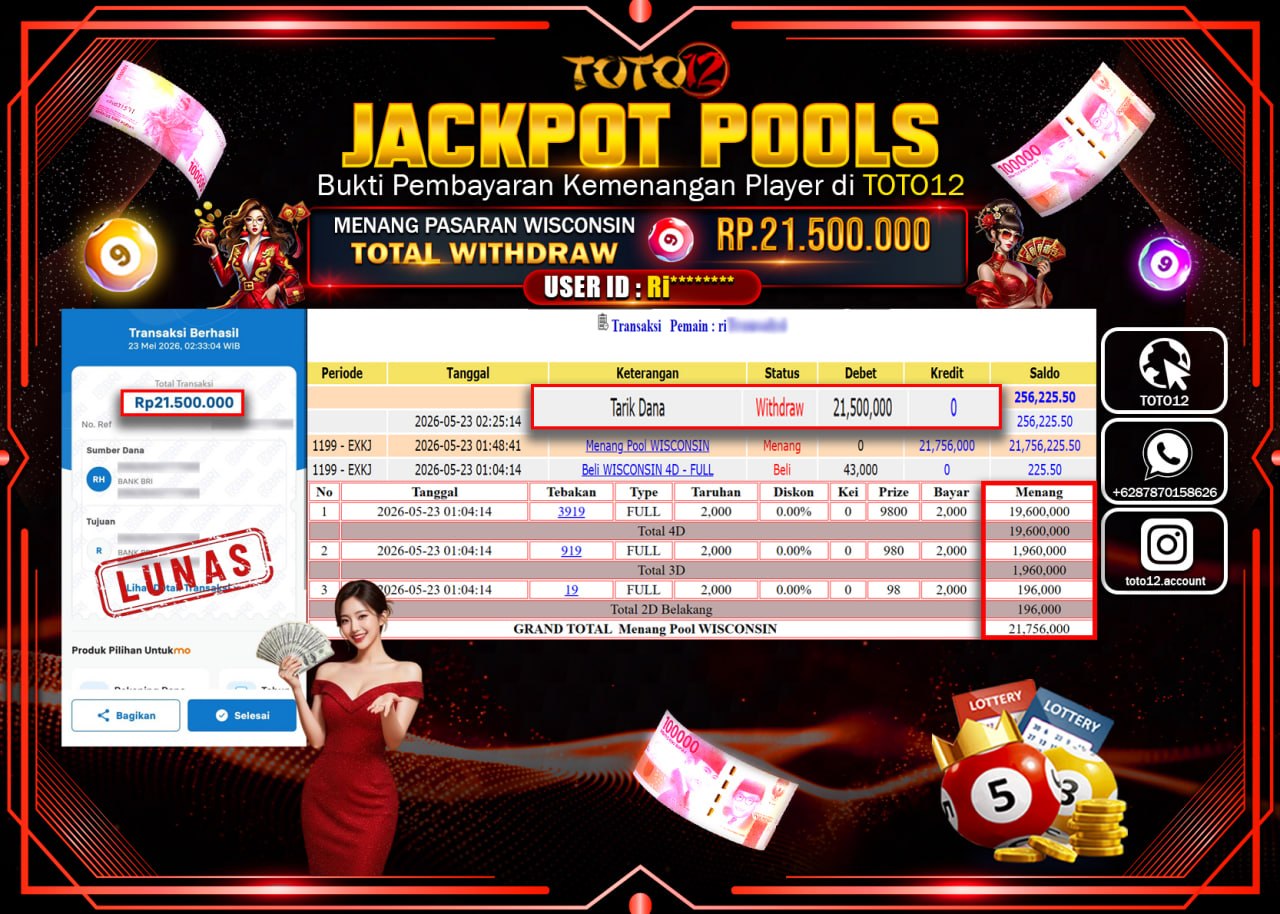HANYA DI TOTO12 JP PASTI DI BAYAR LUNAS DAN CEPAT!!!!!! JACKPOT POOLS PASARAN (WISCONSIN) Rp21.500.000!!!!