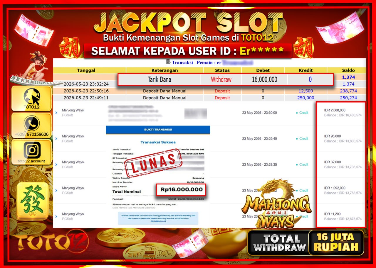 HANYA DI TOTO12 JP PASTI DI BAYAR LUNAS DAN CEPAT!!!!!! JACKPOT SLOT GAME (MAHJONG WAYS) Rp16.000.000!!!!