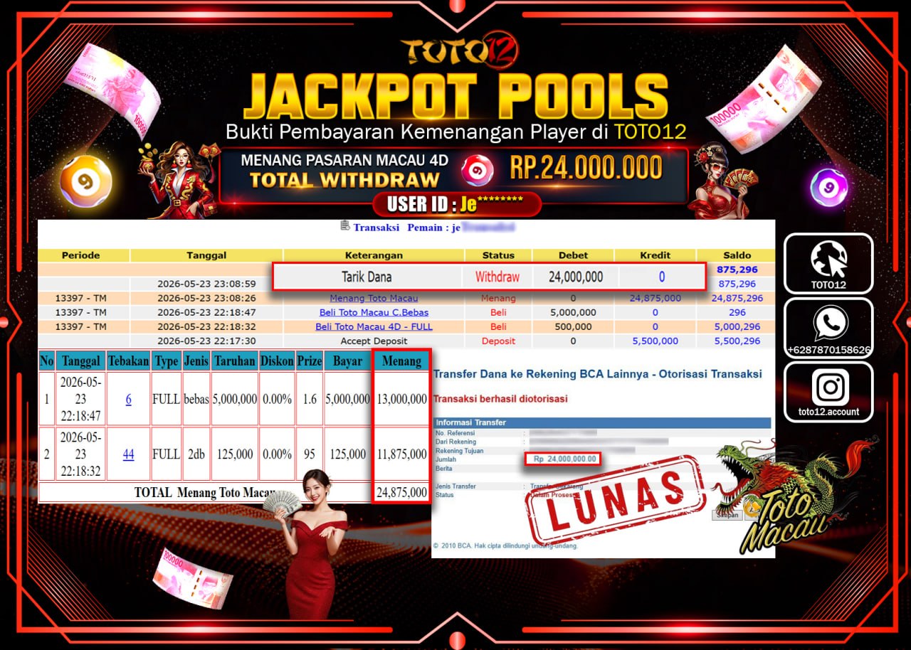 HANYA DI TOTO12 JP PASTI DI BAYAR LUNAS DAN CEPAT!!!!!! JACKPOT POOLS PASARAN (MACAU 4D) Rp24.000.000!!!!