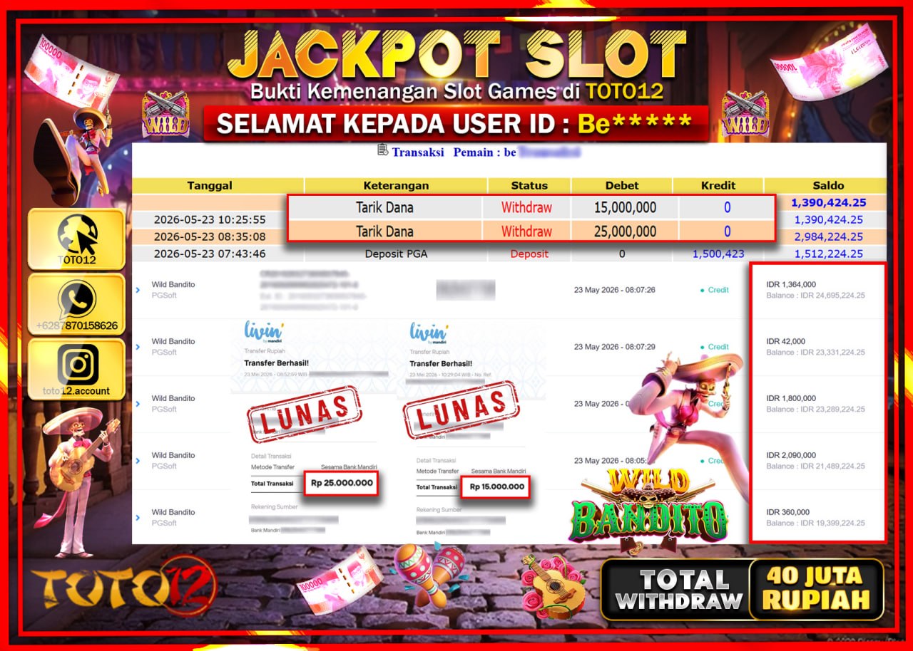 HANYA DI TOTO12 JP PASTI DI BAYAR LUNAS DAN CEPAT!!!!!! JACKPOT SLOT GAME (WILD BANDITO) Rp40.000.000!!!!