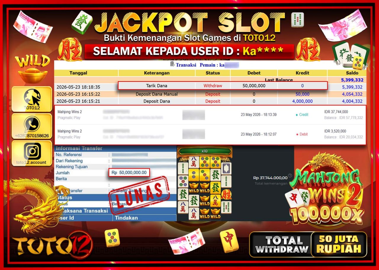 HANYA DI TOTO12 JP PASTI DI BAYAR LUNAS DAN CEPAT!!!!!! JACKPOT SLOT GAME (MAHJONG WINS 2) Rp50.000.000!!!!