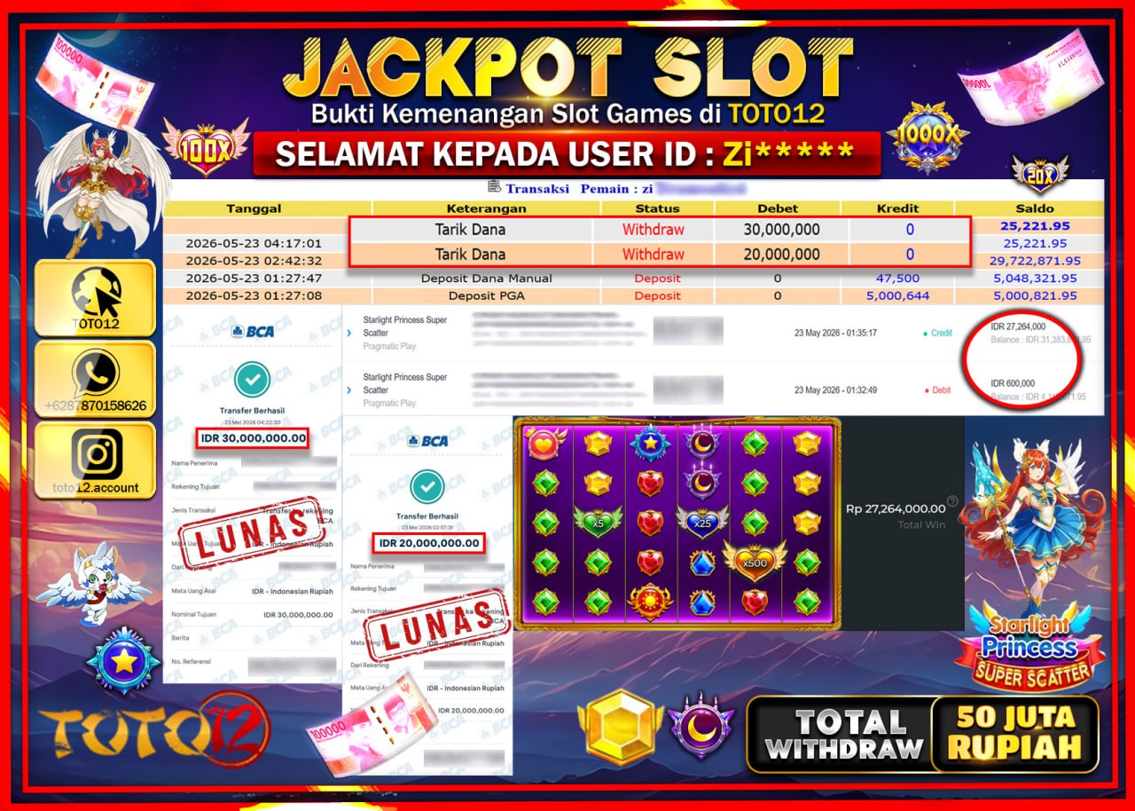 HANYA DI TOTO12 JP PASTI DI BAYAR LUNAS DAN CEPAT!!!!!! JACKPOT SLOT GAME (STARLIGHT PRINCESS SUPER SCATTER) Rp50.000.000!!!!