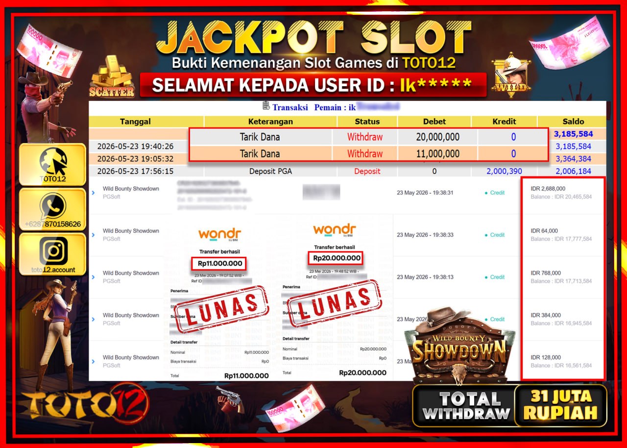 HANYA DI TOTO12 JP PASTI DI BAYAR LUNAS DAN CEPAT!!!!!! JACKPOT SLOT GAME (WILD BOUNTY SHOWDOWN) Rp31.000.000!!!!
