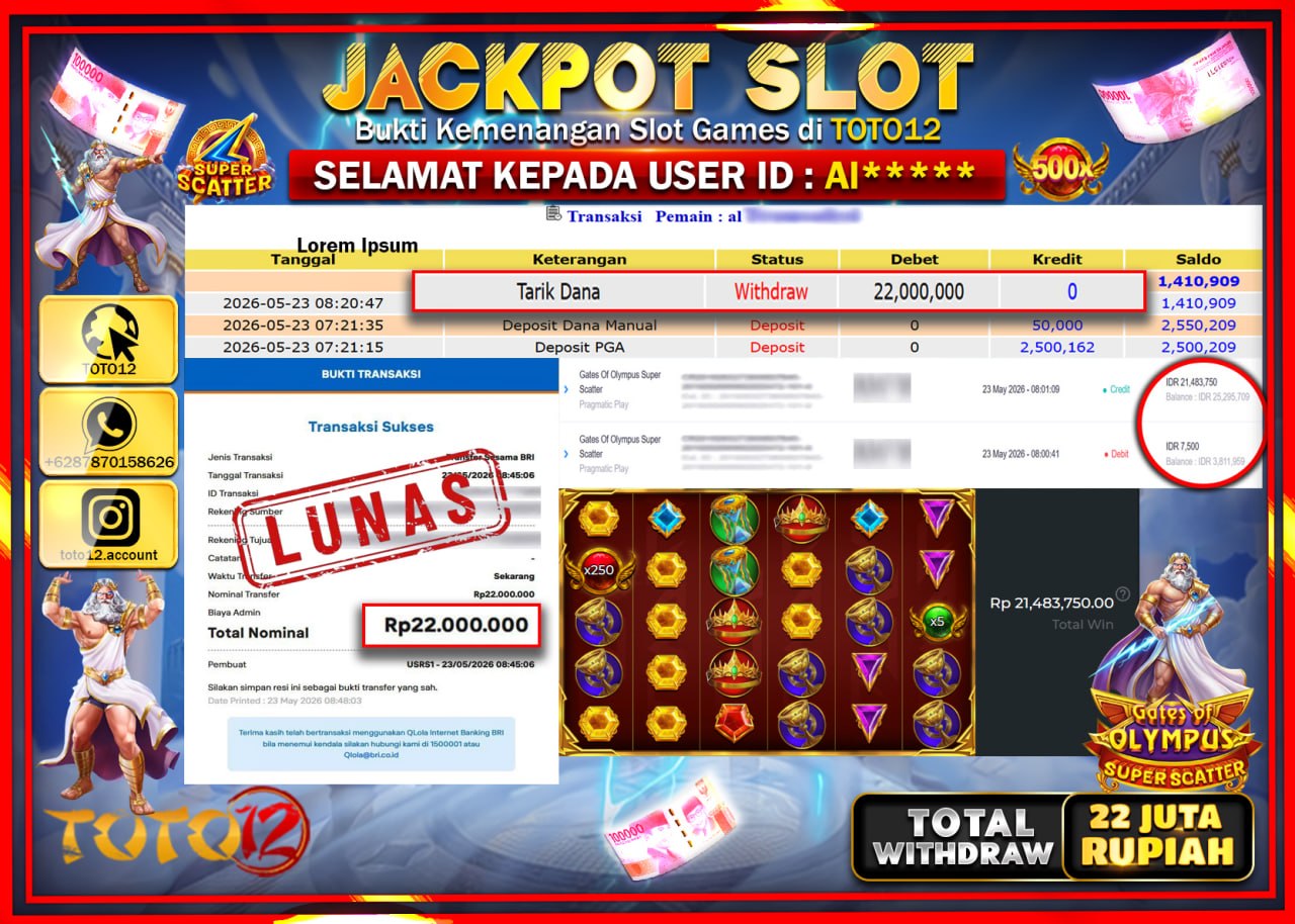HANYA DI TOTO12 JP PASTI DI BAYAR LUNAS DAN CEPAT!!!!!! JACKPOT SLOT GAME (GATES OF OLYMPUS SUPER SCATTER) Rp22.000.000!!!!