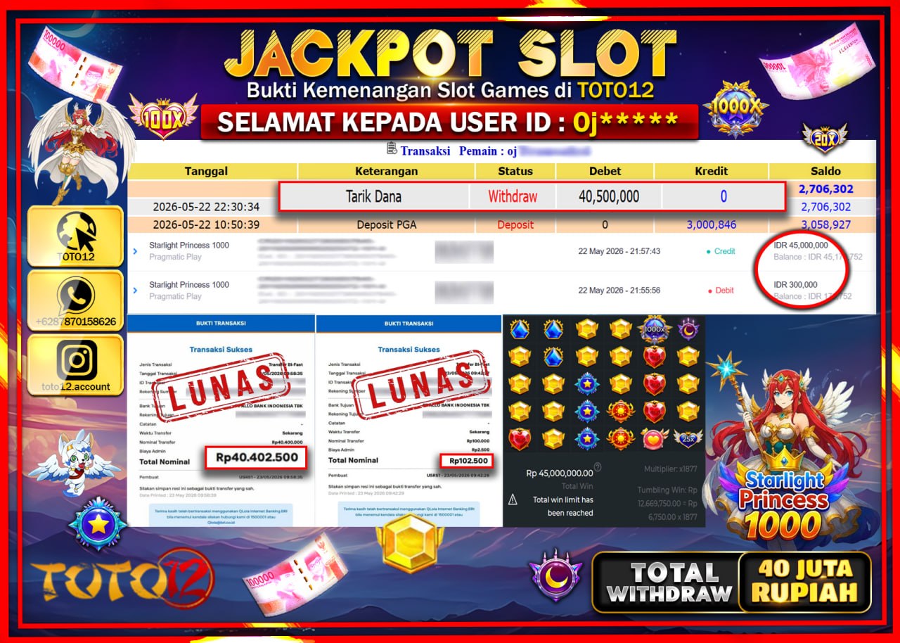 HANYA DI TOTO12 JP PASTI DI BAYAR LUNAS DAN CEPAT!!!!!! JACKPOT SLOT GAME (STARLIGHT PRINCESS 1000) Rp40.500.000!!!!