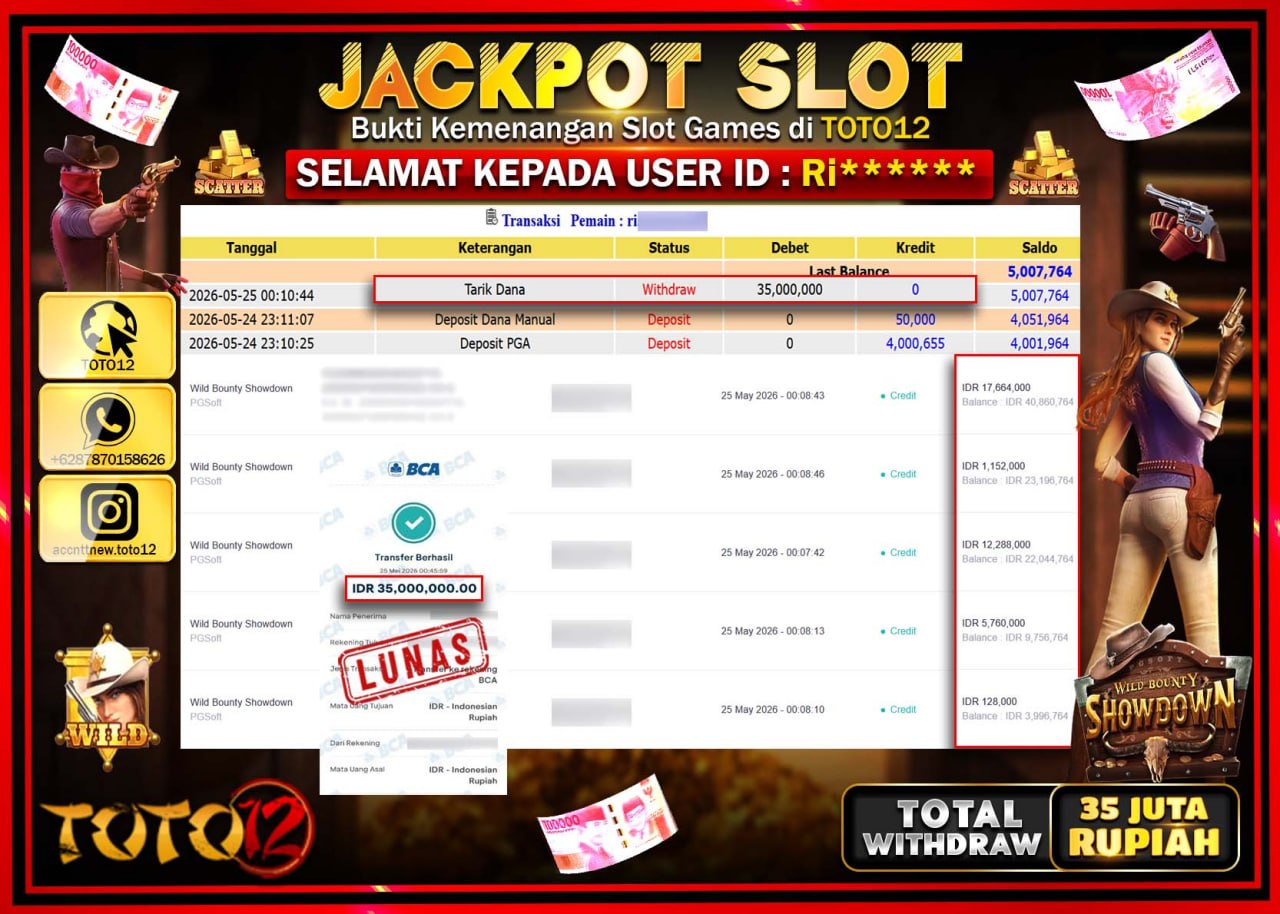 HANYA DI TOTO12 JP PASTI DI BAYAR LUNAS DAN CEPAT!!!!!! JACKPOT SLOT GAME (WILD BOUNTY SHOWDOWN) Rp35.000.000!!!!