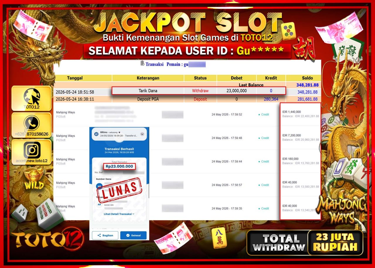 HANYA DI TOTO12 JP PASTI DI BAYAR LUNAS DAN CEPAT!!!!!! JACKPOT SLOT GAME (MAHJONG WAYS) Rp23.000.000!!!!