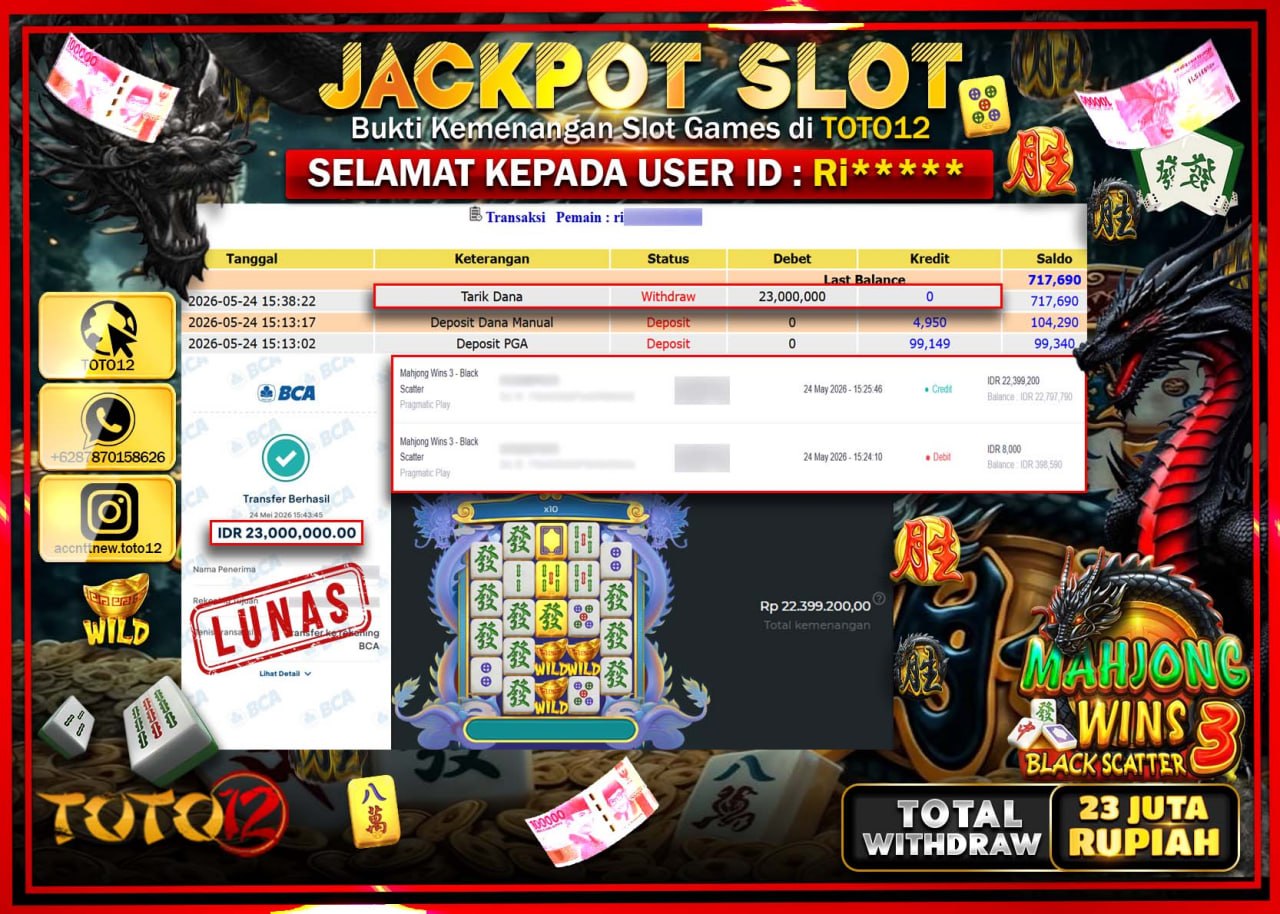 HANYA DI TOTO12 JP PASTI DI BAYAR LUNAS DAN CEPAT!!!!!! JACKPOT SLOT GAME (MAHJONG WINS 3 BLACK SCATTER) Rp23.000.000!!!!