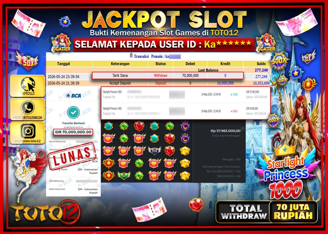 HANYA DI TOTO12 JP PASTI DI BAYAR LUNAS DAN CEPAT!!!!!! JACKPOT SLOT GAME (STARLIGHT PRINCESS 1000) Rp70.000.000!!!!