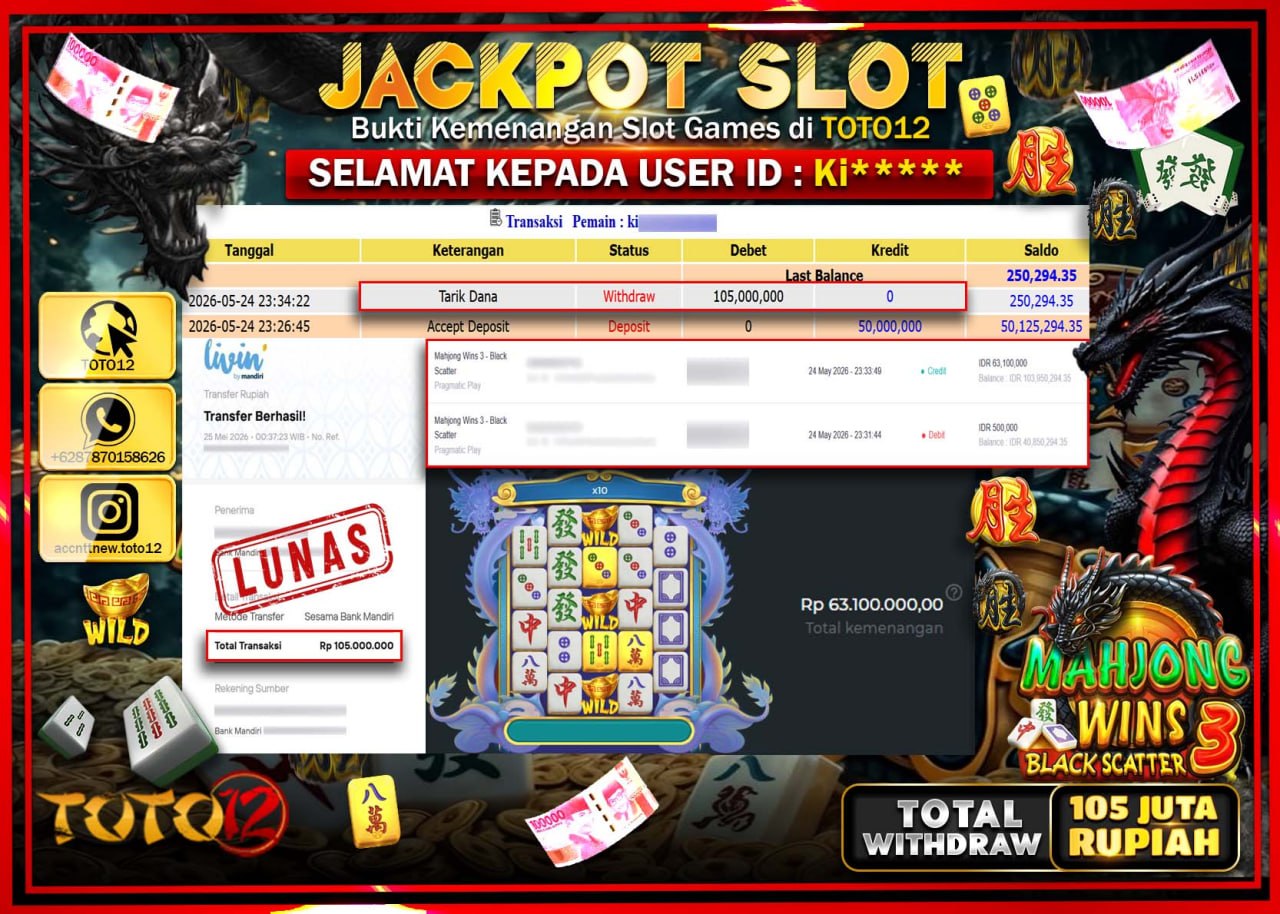 HANYA DI TOTO12 JP PASTI DI BAYAR LUNAS DAN CEPAT!!!!!! JACKPOT SLOT GAME (MAHJONG WINS 3 BLACK SCATTER) Rp105.000.000!!!!