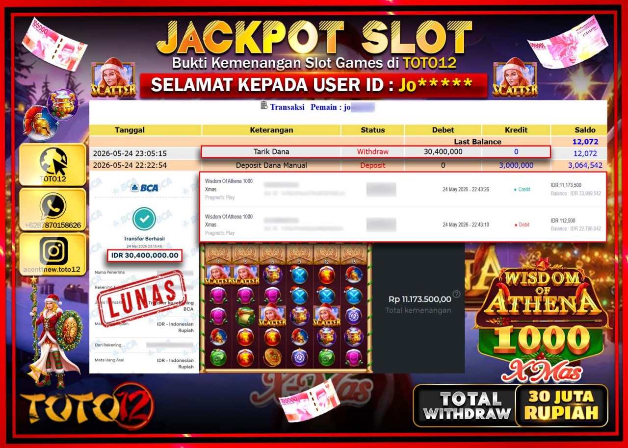 HANYA DI TOTO12 JP PASTI DI BAYAR LUNAS DAN CEPAT!!!!!! JACKPOT SLOT GAME (WISDOM OF ATHENA 1000 XMAS) Rp30.400.000!!!!