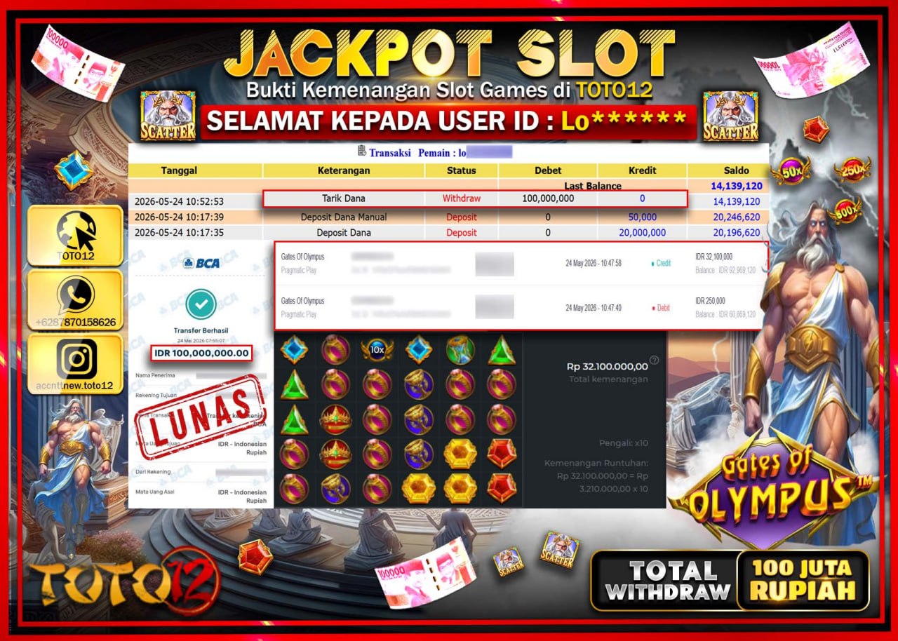 HANYA DI TOTO12 JP PASTI DI BAYAR LUNAS DAN CEPAT!!!!!! JACKPOT SLOT GAME (GATES OF OLYMPUS) Rp100.000.000!!!!