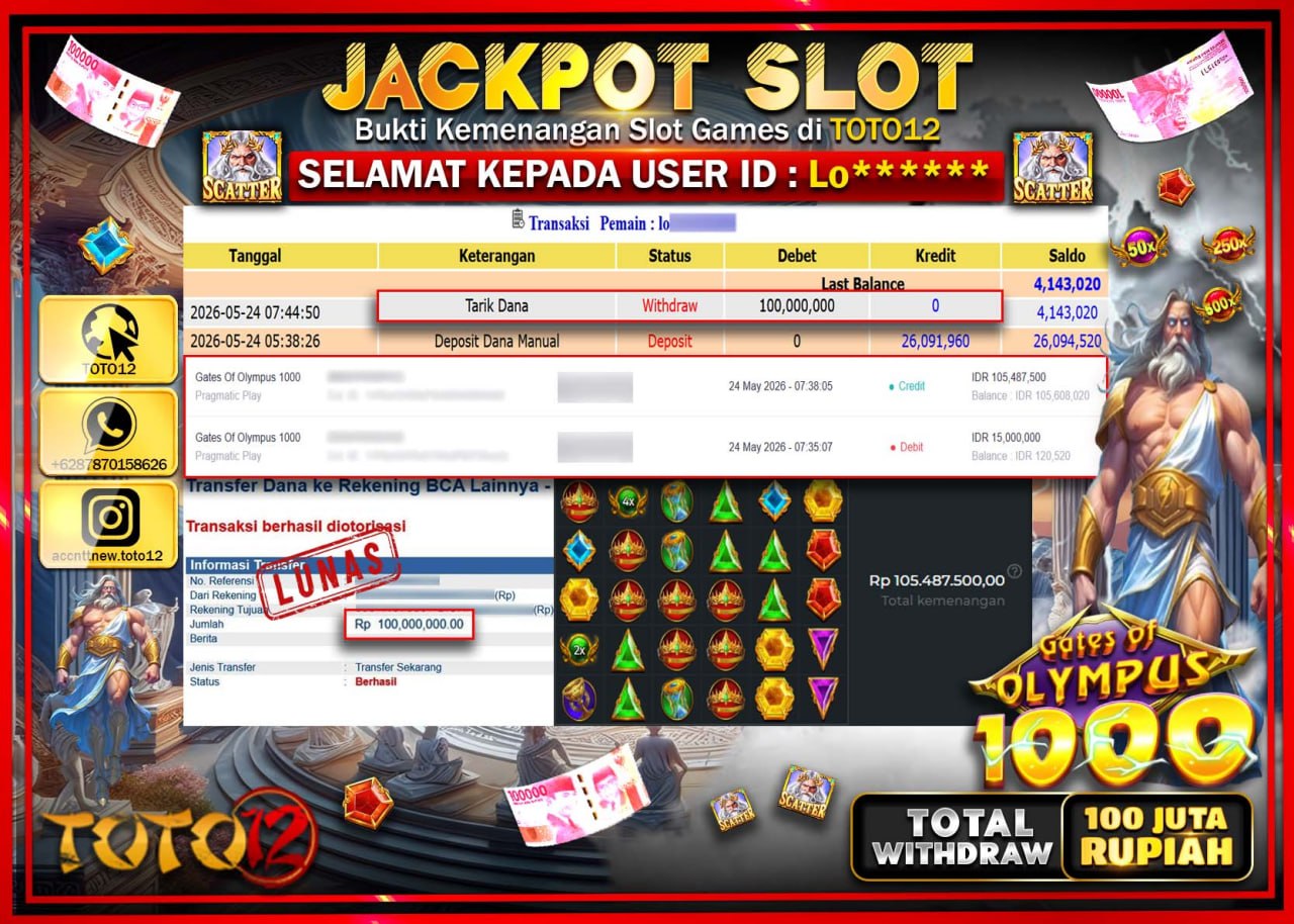 HANYA DI TOTO12 JP PASTI DI BAYAR LUNAS DAN CEPAT!!!!!! JACKPOT SLOT GAME (GATES OF OLYMPUS 1000) Rp100.000.000!!!!