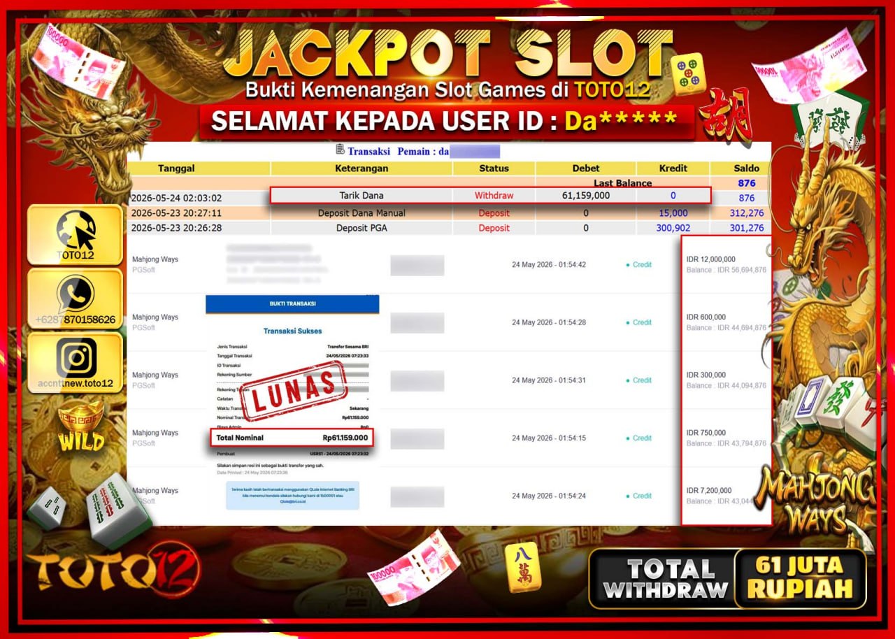 HANYA DI TOTO12 JP PASTI DI BAYAR LUNAS DAN CEPAT!!!!!! JACKPOT SLOT GAME (MAHJONG WAYS) Rp61.159.000!!!!