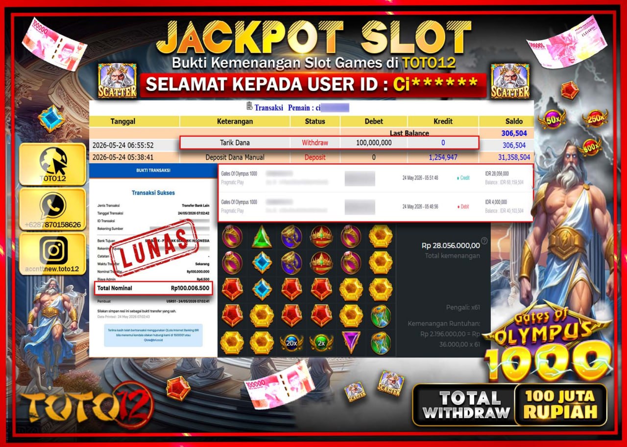HANYA DI TOTO12 JP PASTI DI BAYAR LUNAS DAN CEPAT!!!!!! JACKPOT SLOT GAME (GATES OF OLYMPUS 1000) Rp100.000.000!!!!