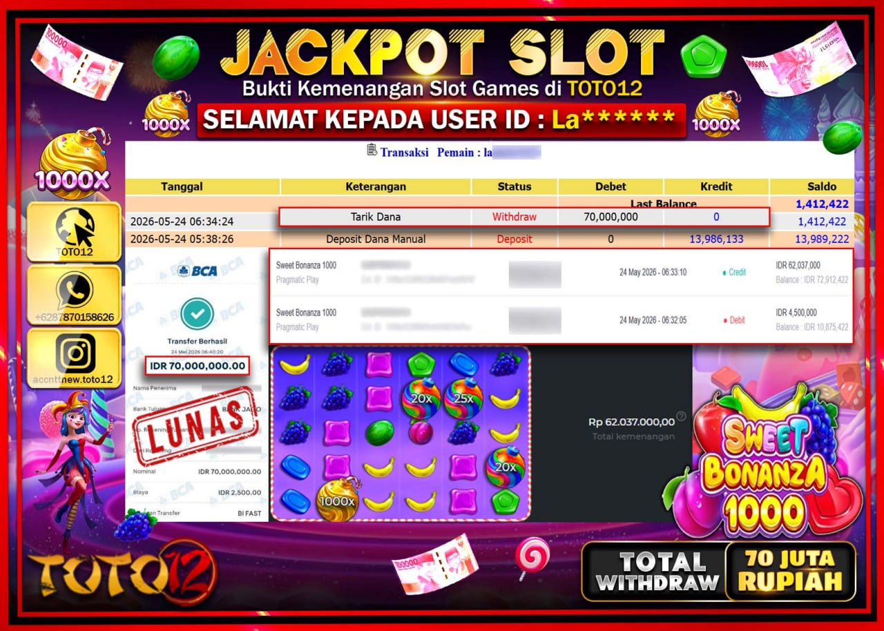 HANYA DI TOTO12 JP PASTI DI BAYAR LUNAS DAN CEPAT!!!!!! JACKPOT SLOT GAME (SWEET BONANZA 1000) Rp70.000.000!!!!