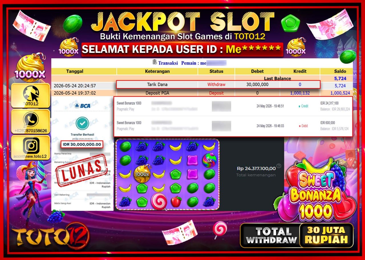 HANYA DI TOTO12 JP PASTI DI BAYAR LUNAS DAN CEPAT!!!!!! JACKPOT SLOT GAME (SWEET BONANZA 1000) Rp30.000.000!!!!