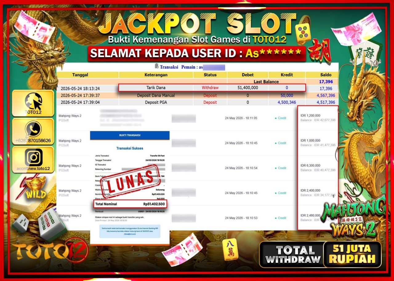 HANYA DI TOTO12 JP PASTI DI BAYAR LUNAS DAN CEPAT!!!!!! JACKPOT SLOT GAME (MAHJONG WAYS 2) Rp51.400.000!!!!