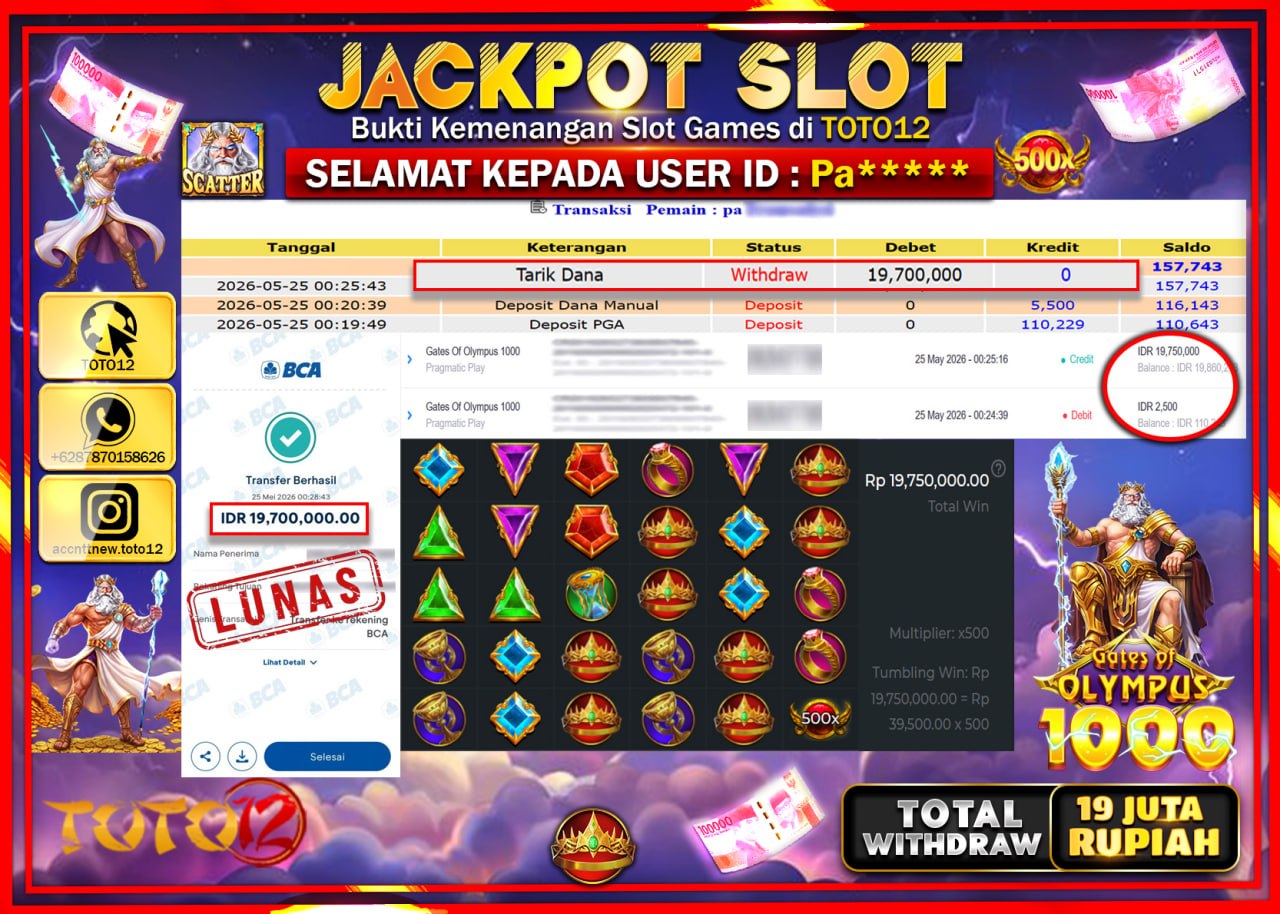 HANYA DI TOTO12 JP PASTI DI BAYAR LUNAS DAN CEPAT!!!!!! JACKPOT SLOT GAME (GATES OF OLYMPUS 1000) Rp19.700.000!!!!