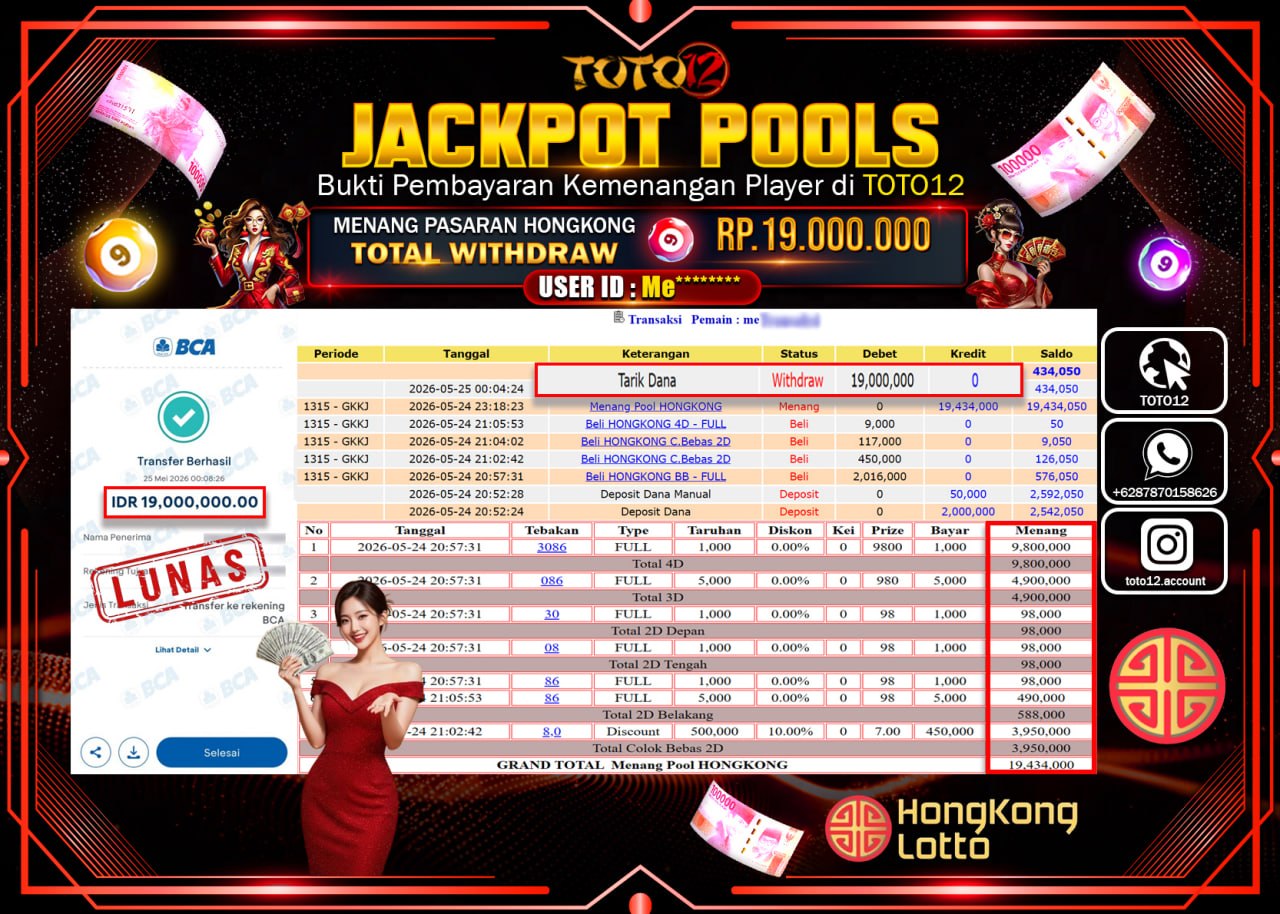 HANYA DI TOTO12 JP PASTI DI BAYAR LUNAS DAN CEPAT!!!!!! JACKPOT POOLS PASARAN (HONGKONG) Rp19.000.000!!!!