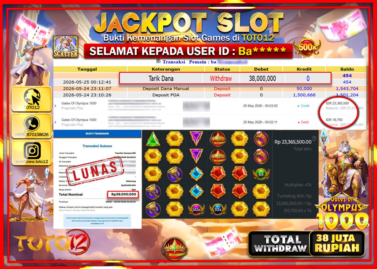 HANYA DI TOTO12 JP PASTI DI BAYAR LUNAS DAN CEPAT!!!!!! JACKPOT SLOT GAME (GATES OF OLYMPUS 1000) Rp38.000.000!!!!