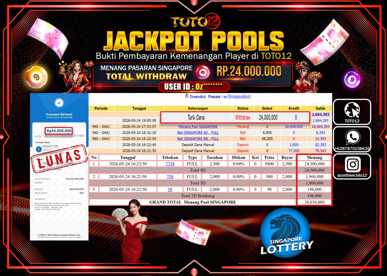HANYA DI TOTO12 JP PASTI DI BAYAR LUNAS DAN CEPAT!!!!!! JACKPOT POOLS PASARAN (SINGAPORE) Rp24.000.000!!!!