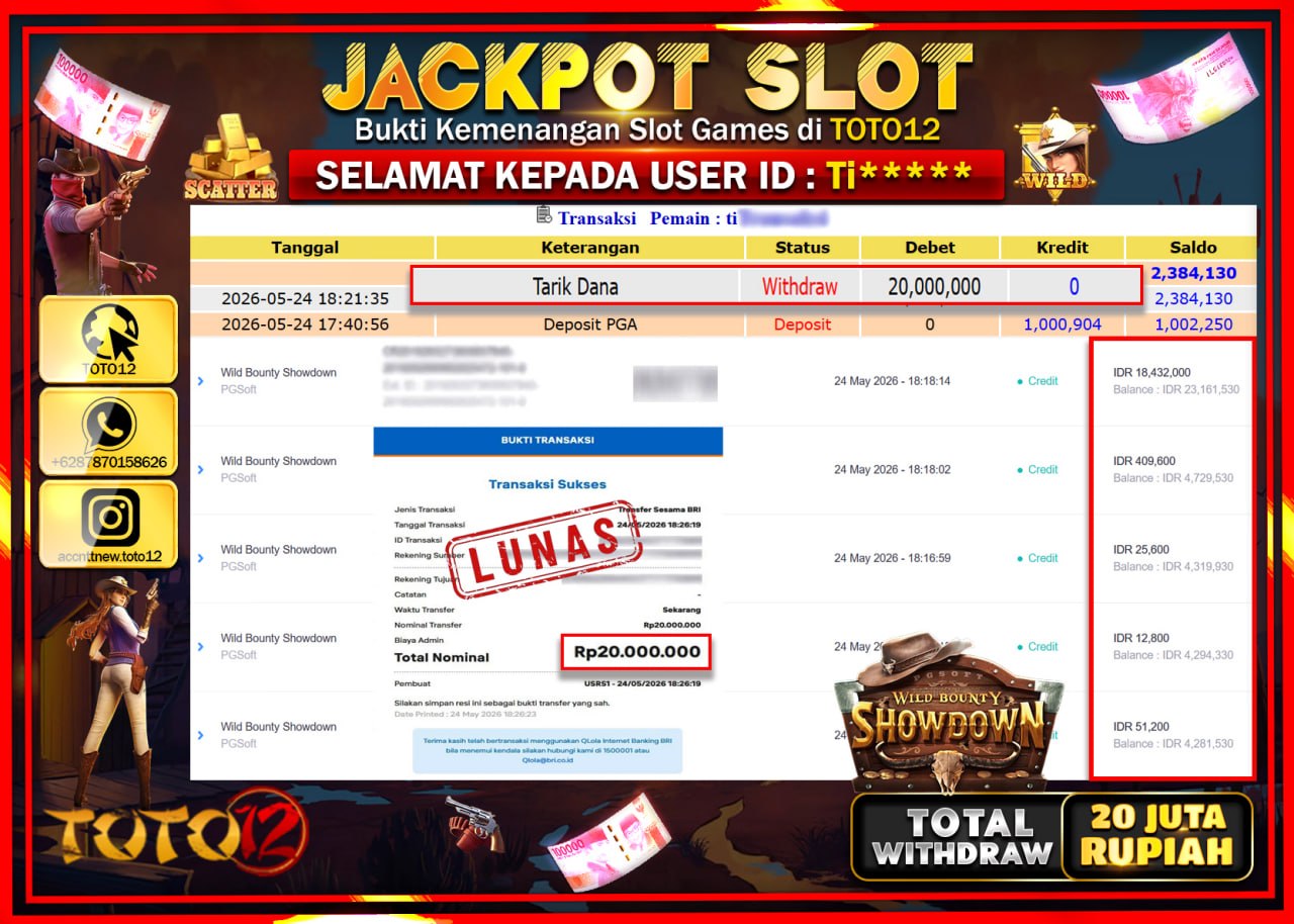 HANYA DI TOTO12 JP PASTI DI BAYAR LUNAS DAN CEPAT!!!!!! JACKPOT SLOT GAME (WILD BOUNTY SHOWDOWN) Rp20.000.000!!!!