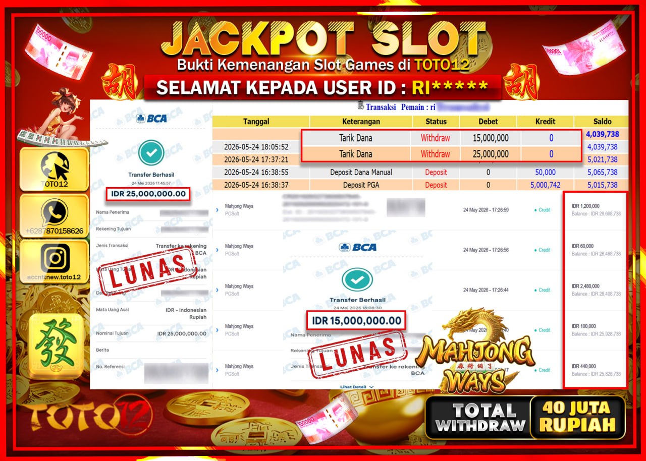HANYA DI TOTO12 JP PASTI DI BAYAR LUNAS DAN CEPAT!!!!!! JACKPOT SLOT GAME (MAHJONG WAYS) Rp40.000.000!!!!