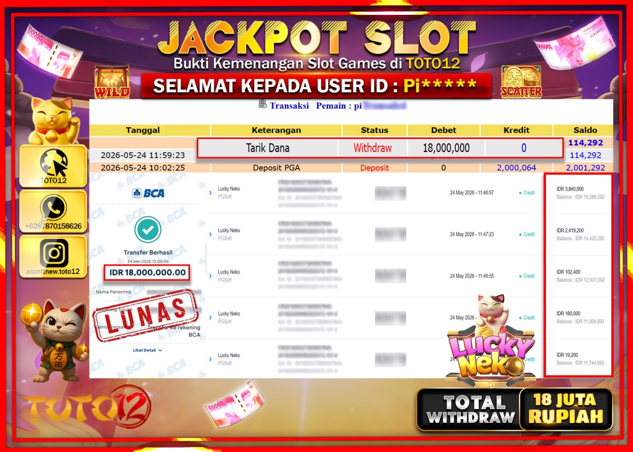 HANYA DI TOTO12 JP PASTI DI BAYAR LUNAS DAN CEPAT!!!!!! JACKPOT SLOT GAME (LUCK NEKO) Rp18.000.000!!!!