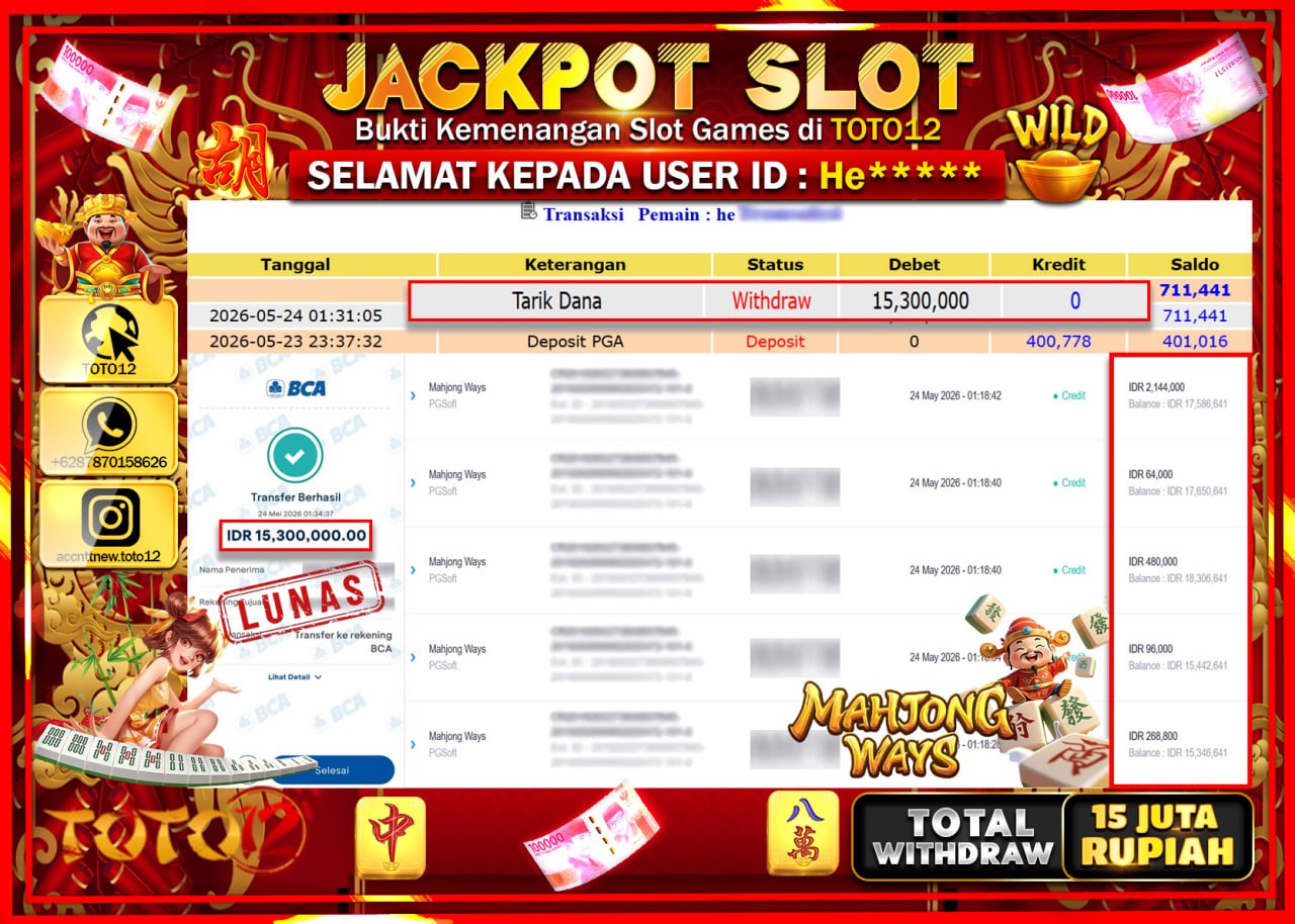 HANYA DI TOTO12 JP PASTI DI BAYAR LUNAS DAN CEPAT!!!!!! JACKPOT SLOT GAME (MAHJONG WAYS) Rp15.300.000!!!!