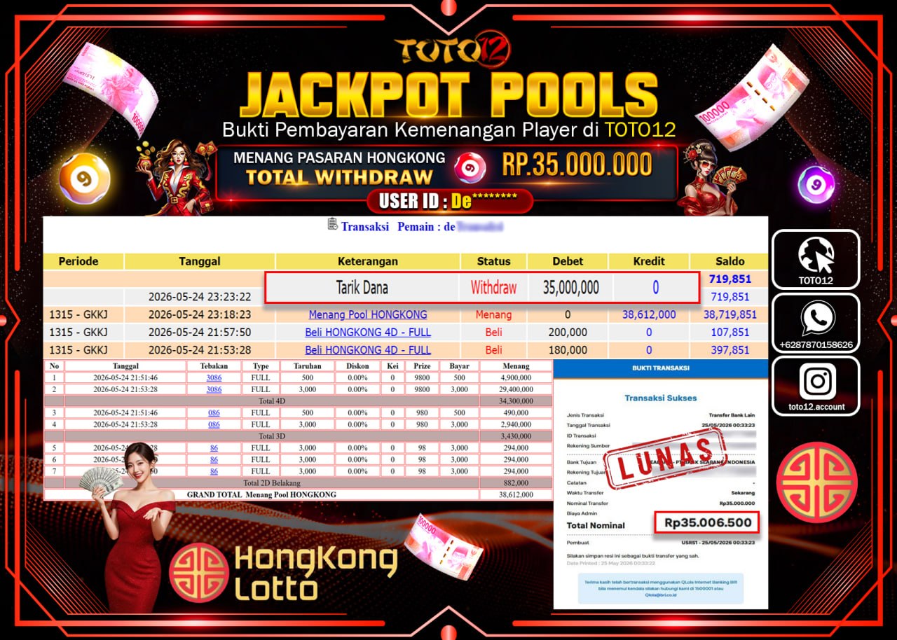 HANYA DI TOTO12 JP PASTI DI BAYAR LUNAS DAN CEPAT!!!!!! JACKPOT  LIVE GAME CASINO (HONGKONG) Rp35.000.000!!!!