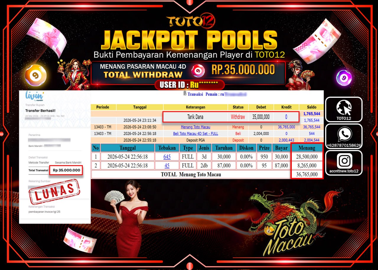 HANYA DI TOTO12 JP PASTI DI BAYAR LUNAS DAN CEPAT!!!!!! JACKPOT POOLS PASARAN (MACAU 4D) Rp35.000.000!!!!