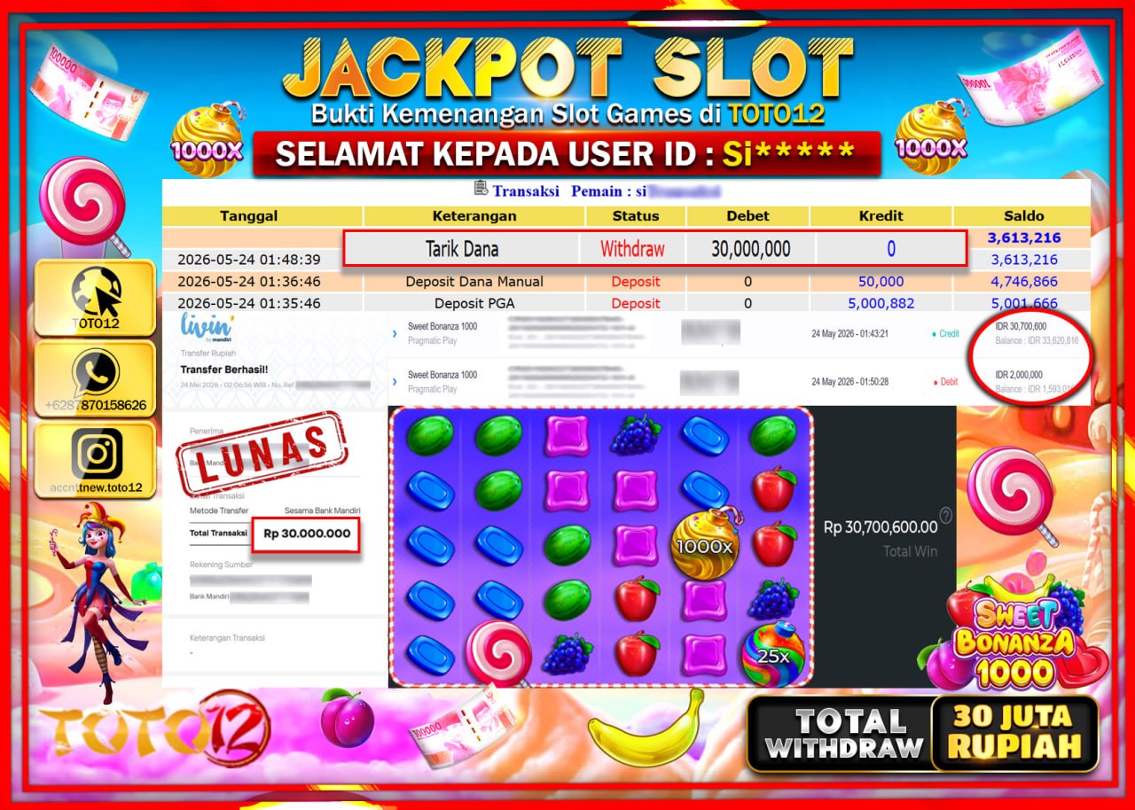 HANYA DI TOTO12 JP PASTI DI BAYAR LUNAS DAN CEPAT!!!!!! JACKPOT SLOT GAME (SWEET BONANZA 1000) Rp30.000.000!!!!