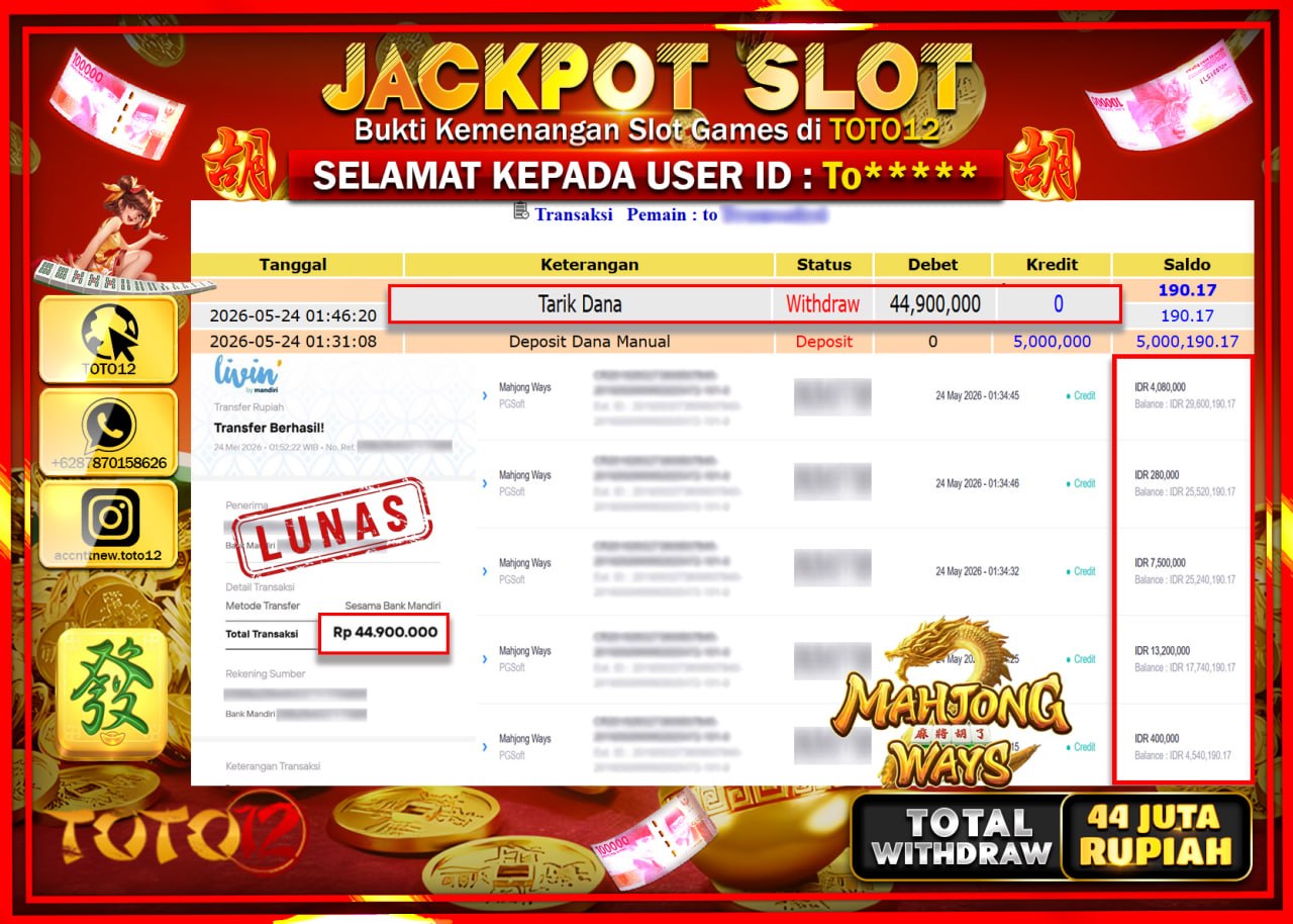 HANYA DI TOTO12 JP PASTI DI BAYAR LUNAS DAN CEPAT!!!!!! JACKPOT SLOT GAME (MAHJONG WAYS) Rp44.900.000!!!!