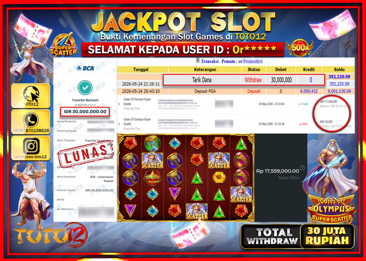 HANYA DI TOTO12 JP PASTI DI BAYAR LUNAS DAN CEPAT!!!!!! JACKPOT SLOT GAME (GATES OF OLYMPUS SUPER SCATTER) Rp30.000.000!!!!