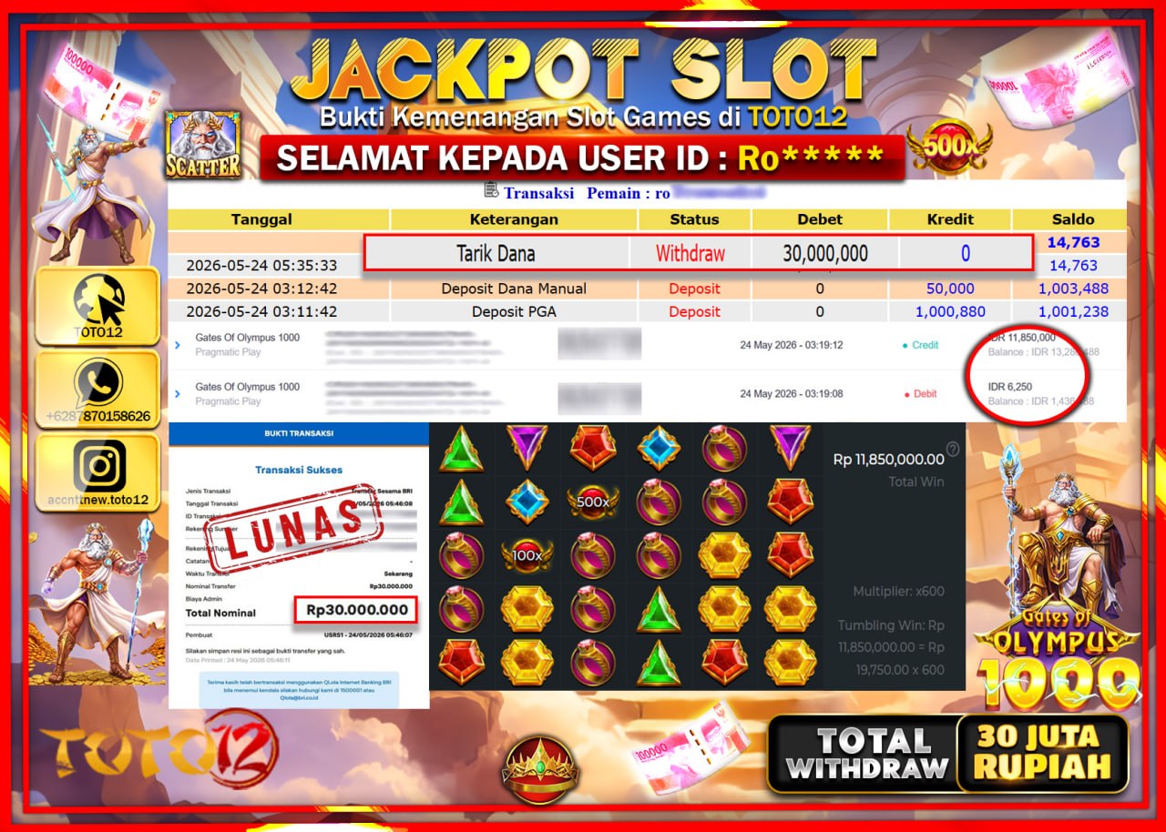HANYA DI TOTO12 JP PASTI DI BAYAR LUNAS DAN CEPAT!!!!!! JACKPOT SLOT GAME (GATES OF OLYMPUS 1000) Rp30.000.000!!!!