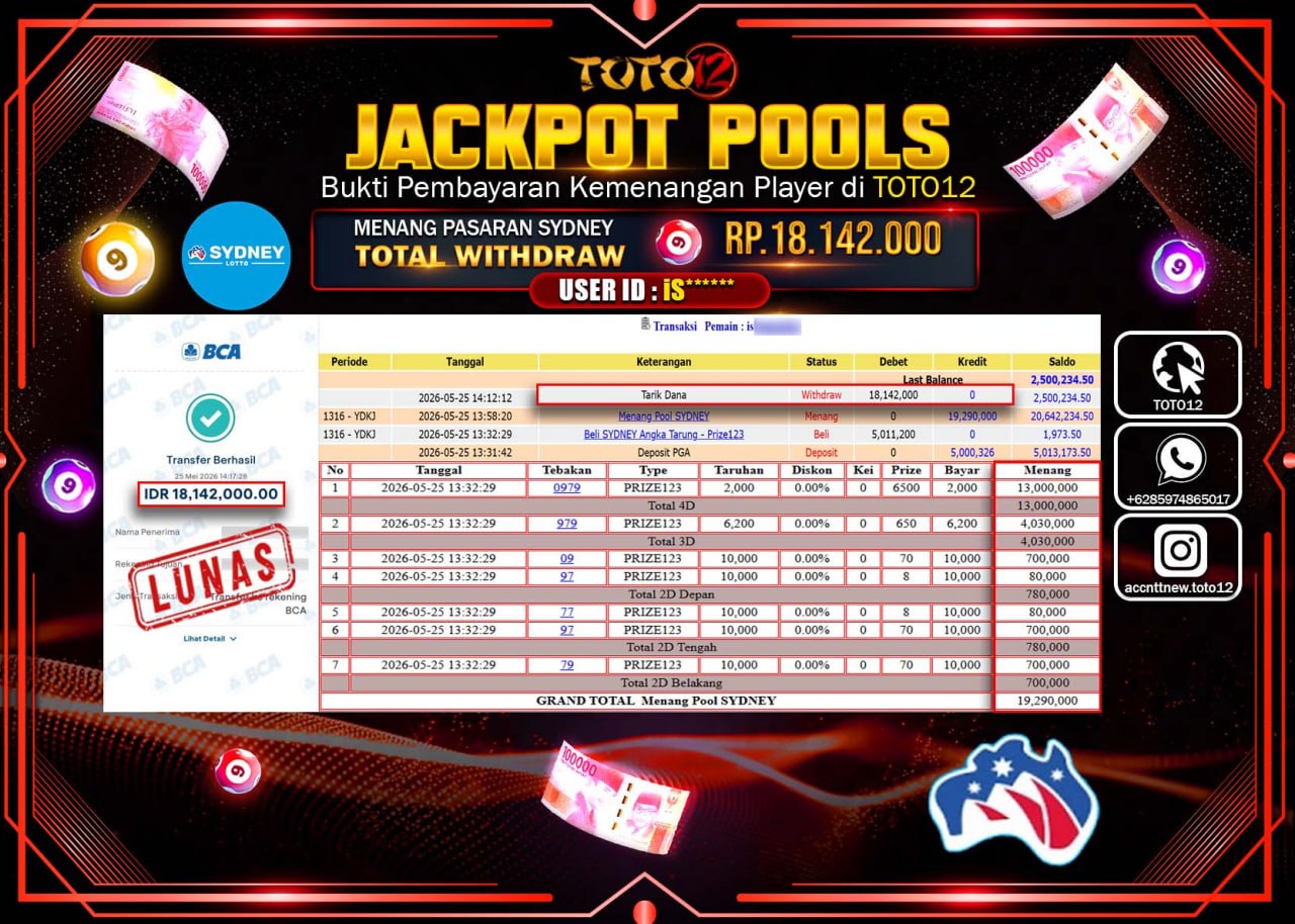 HANYA DI TOTO12 JP PASTI DI BAYAR LUNAS DAN CEPAT!!!!!! JACKPOT POOLS PASARAN (SYDNEY) Rp18.142.000!!!!