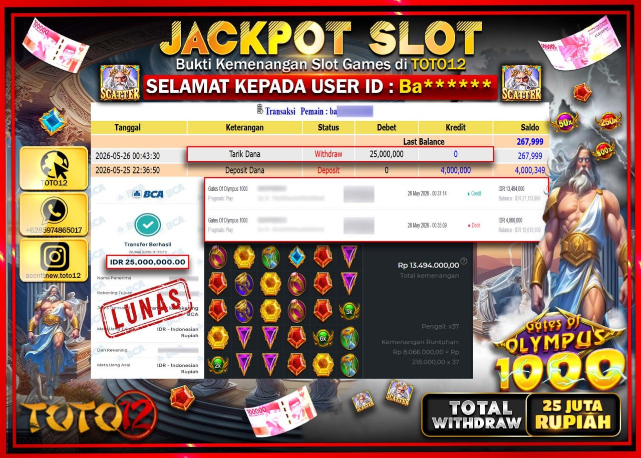 HANYA DI TOTO12 JP PASTI DI BAYAR LUNAS DAN CEPAT!!!!!! JACKPOT SLOT GAME (GATES OF OLYMPUS 1000) Rp25.000.000!!!!