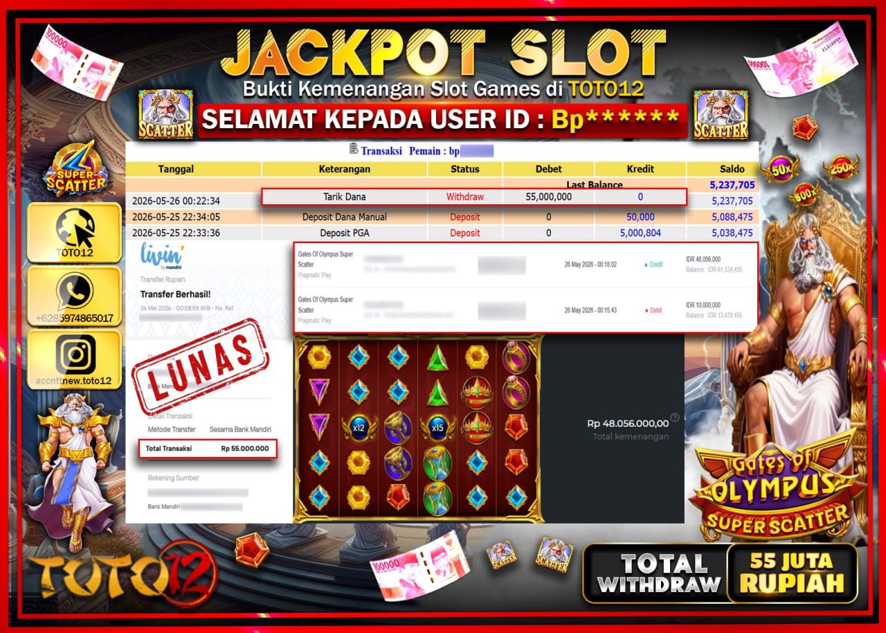 HANYA DI TOTO12 JP PASTI DI BAYAR LUNAS DAN CEPAT!!!!!! JACKPOT SLOT GAME (GATES OF OLYMPUS SUPER SCATTER) Rp55.000.000!!!!