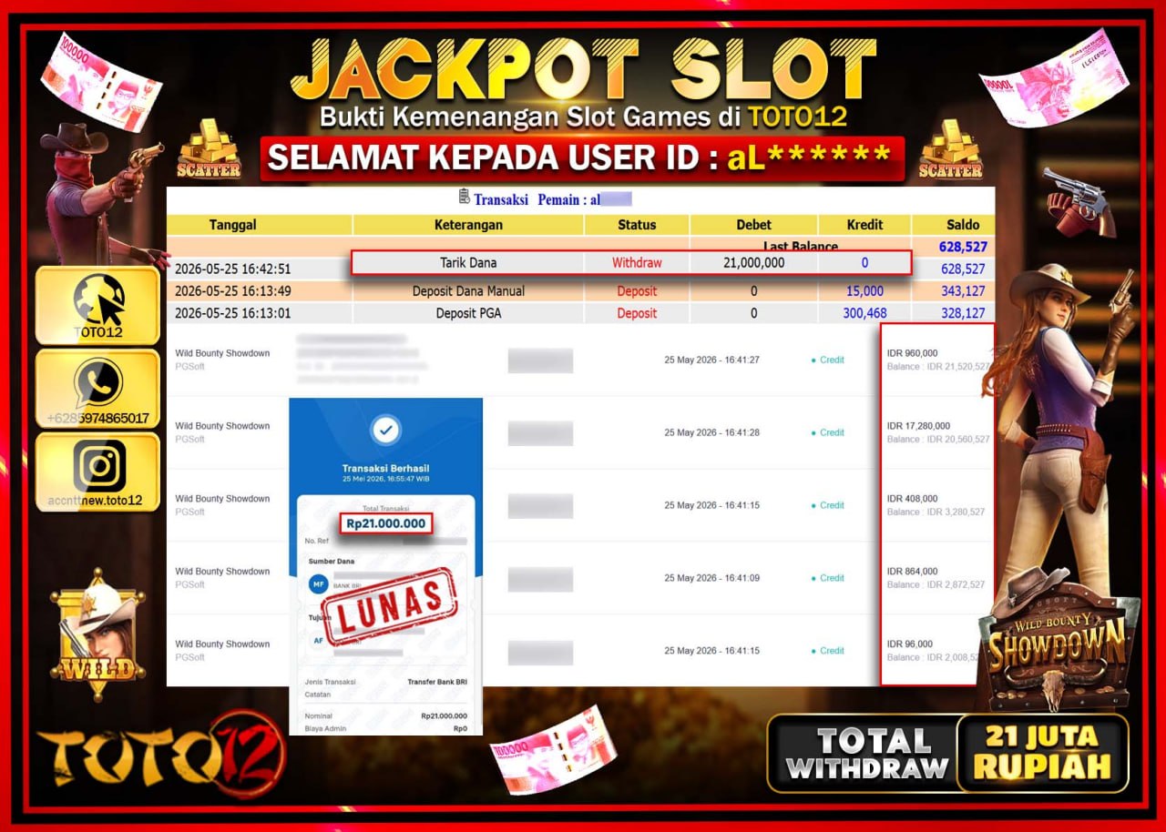 HANYA DI TOTO12 JP PASTI DI BAYAR LUNAS DAN CEPAT!!!!!! JACKPOT SLOT GAME (WILD BOUNTY SHOWDOWN) Rp21.000.000!!!!
