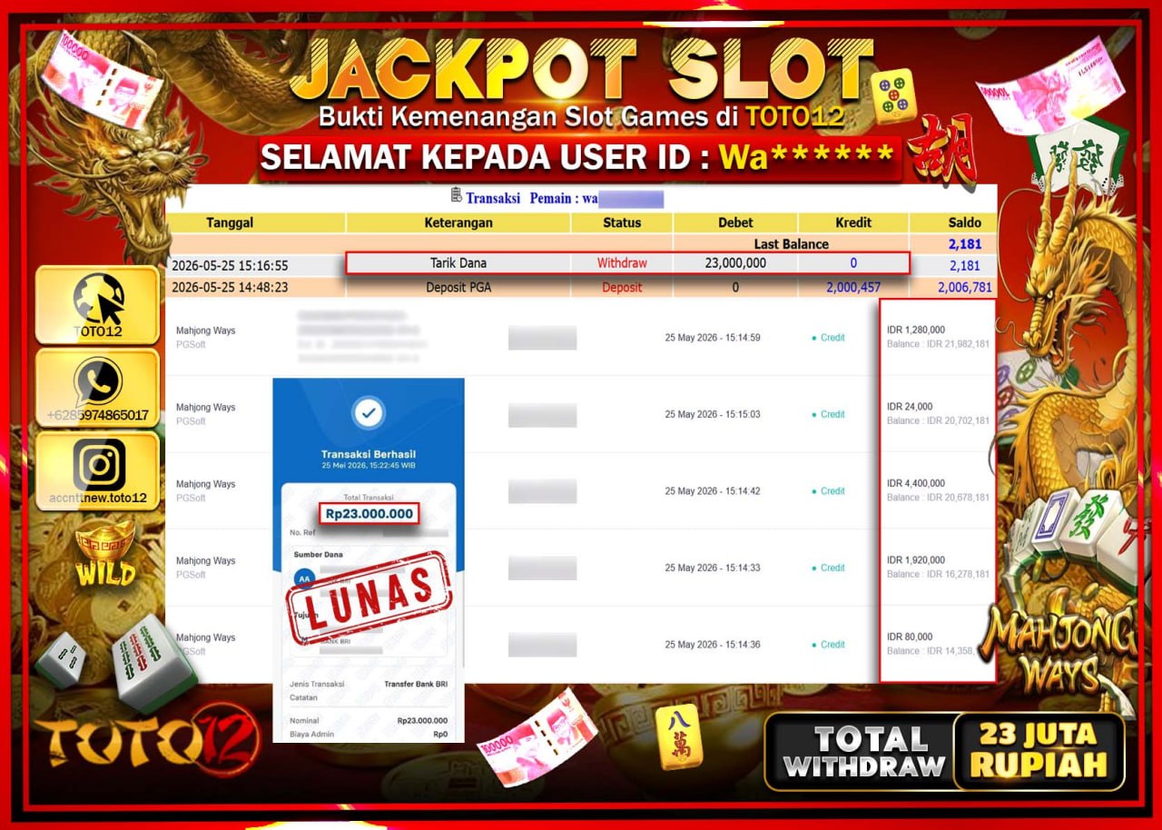 HANYA DI TOTO12 JP PASTI DI BAYAR LUNAS DAN CEPAT!!!!!! JACKPOT SLOT GAME (MAHJONG WAYS) Rp23.000.000!!!!