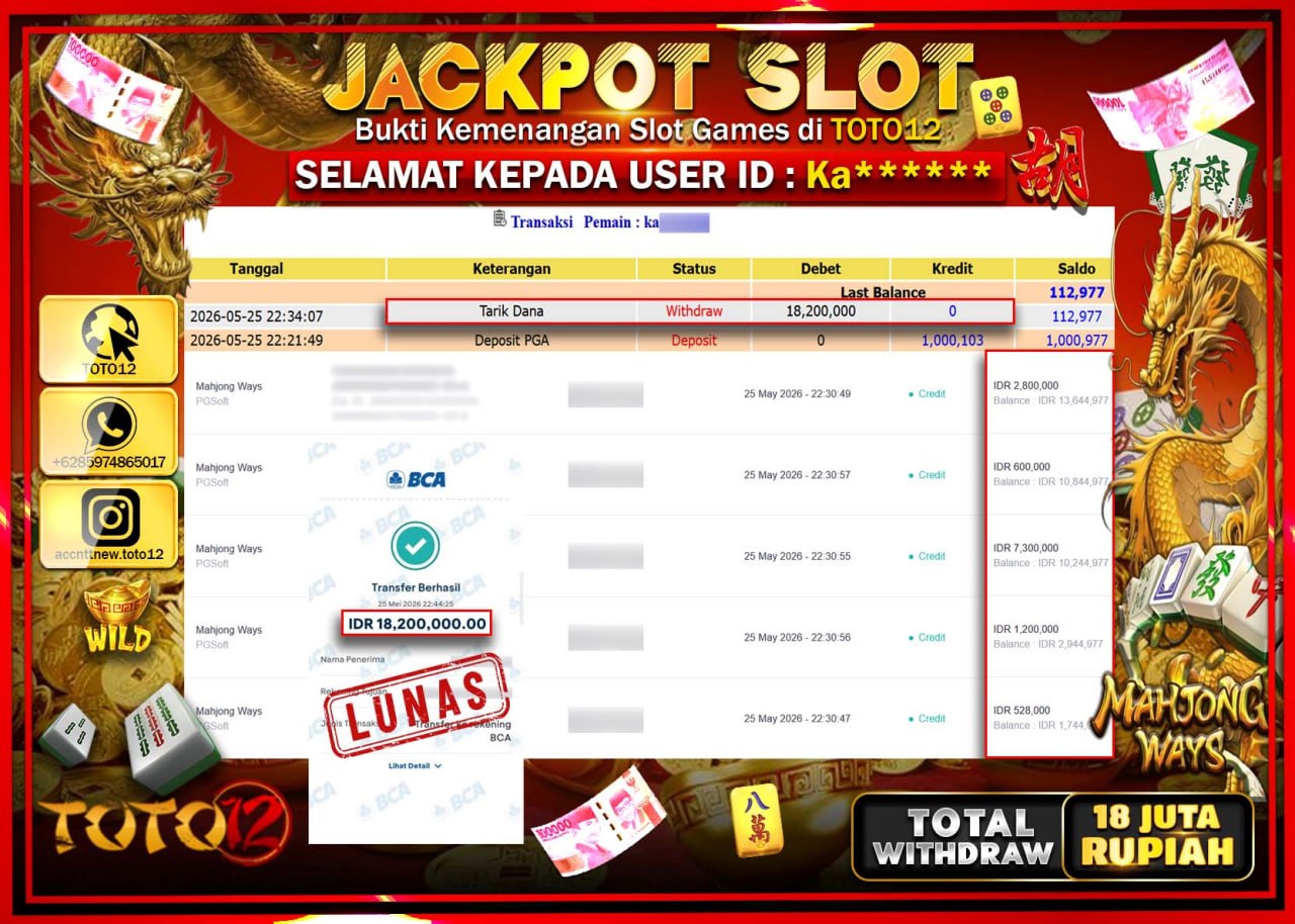 HANYA DI TOTO12 JP PASTI DI BAYAR LUNAS DAN CEPAT!!!!!! JACKPOT SLOT GAME (MAHJONG WAYS) Rp18.200.000!!!!